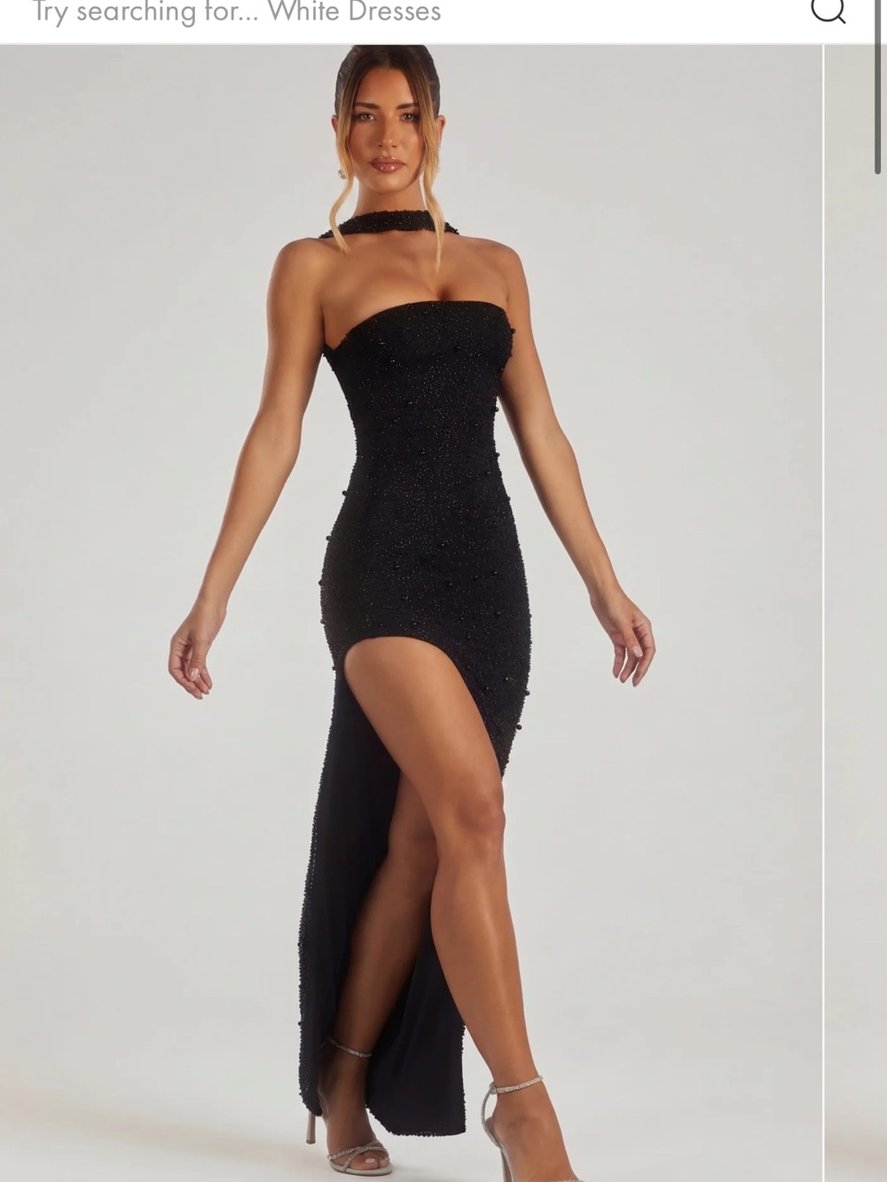 Oh Polly Black One-Shoulder Beaded High-Slit Gown